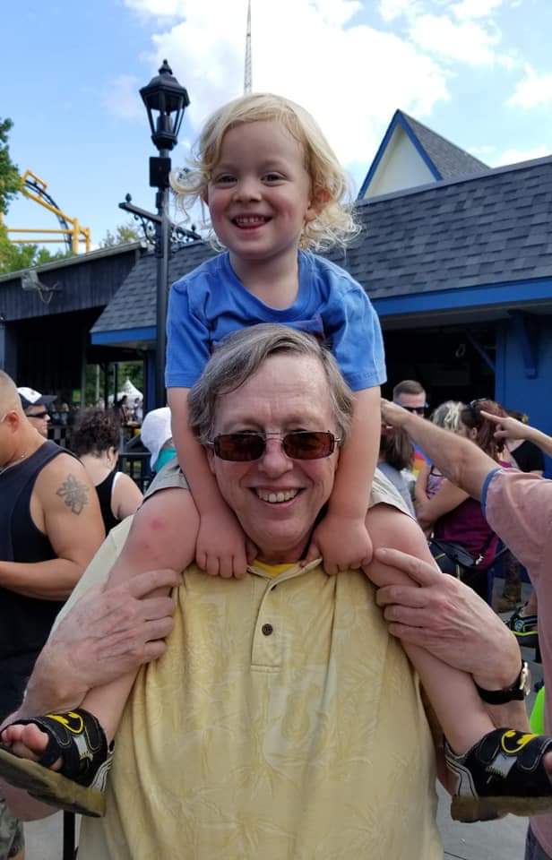 John Harper, Ph.D. 1977 with grandson Jonathan Russell at Kennywood, summer of 2019.