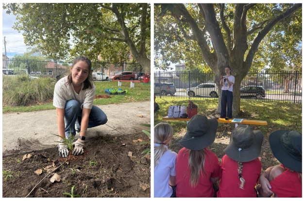 Katie Murray planting (left) and teaching students under a tree (right).